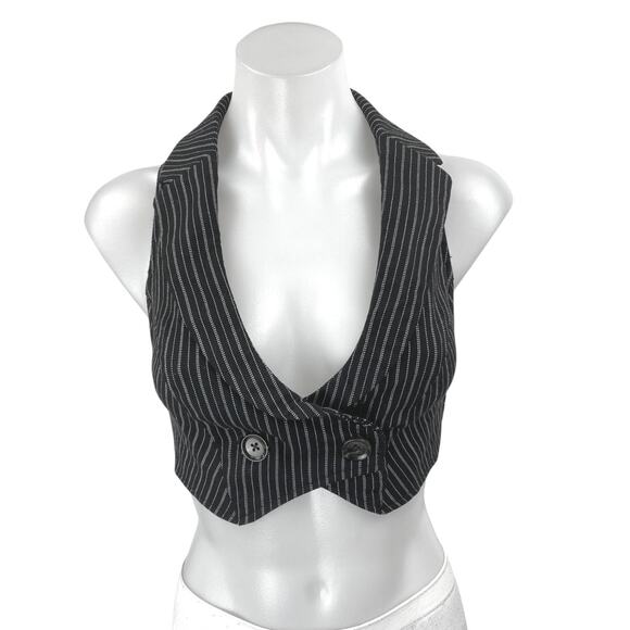 Urban Outfitters Black Striped Sleeveless Plunging Button Vest Crop Top Size S - Picture 1 of 4